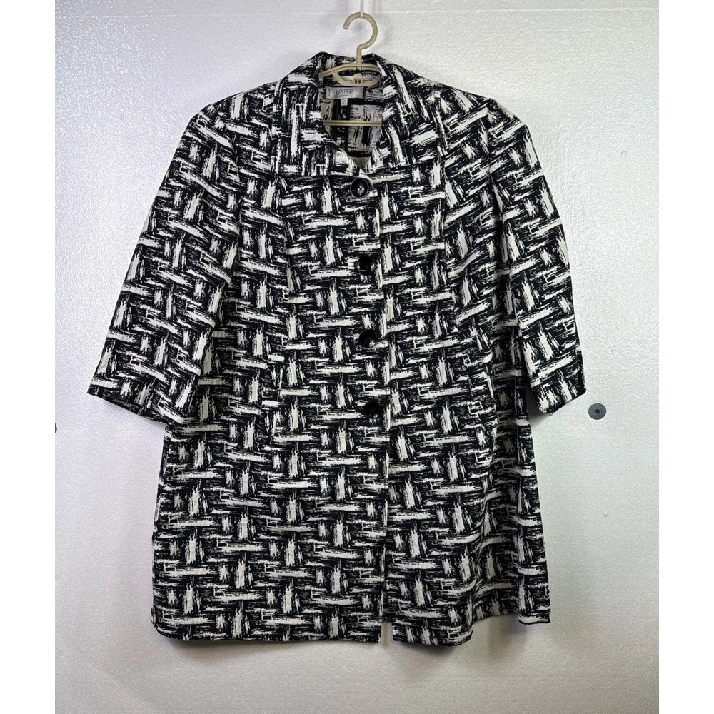 Kasper  Womens Long Coat Sz 22W Lightweight Geometric White‎ Black Church Jacket